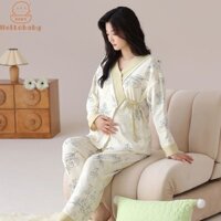 Hellobaby Phụ Nữ Mang Thai In Hình Bộ Đồ Ngủ Thoải Mái Homewear Nữ Confinement Quần Áo Sau Sinh Quần Áo Điều Dưỡng Cotton Bộ Đồ Ngủ Thoải Mái