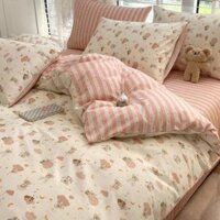 Hellokitty Khăn trải giường Cotton giặt Bộ bốn mảnh Khăn trải giường trẻ em Vỏ chăn cho bé gái Bộ ba mảnh ký túc xá Hello Kitty