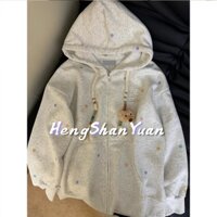 Heng Shan Yuan Áo khoác nữ màu xám có mũ trùm đầu dây kéo áo hoodie cardigan mới thoải mái oversize áo khoác thường ngày hàng đầu
