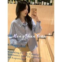 Heng Shan Yuan Áo Sơ Mi Nữ Thời Trang Cổ Chữ V Dài Tay Áo Polo Cổ Xanh Ruy Băng Dài Tay Áo Sơ Mi Top