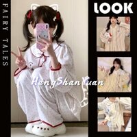 Heng Shan Yuan Bộ đồ ngủ nữ cổ búp bê Hello Kitty Bộ đồ ngủ dài tay quần homewear