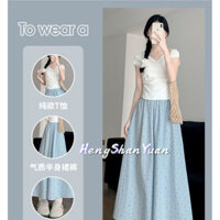 Heng Shan Yuan Nữ màu xanh chấm bi quần váy chữ A lưng cao mới quần ống rộng dáng rộng dáng ôm giản dị
