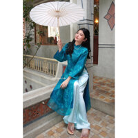 Hèo Chinh Chắn | Set Kỳ Lân Áo Dài Tết Thêu Hoạ Tiết Xanh Kèm Quần