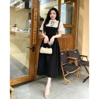 Hera đầm thiết kế bốn mùa cổ phối tơ họa tiết, xếp viền bèo trước ngực nơ đính liền dáng A nữ tính