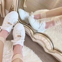 Herme* White Shoes Women's Leather Metal Lock Catch Flat Lace-up Sports Comfort and Casual Sneakers