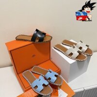 Hermes 2023 H dép nữ da xuân hè mặc thường ngày Baita dép đi biển phẳng dép một chữ Dép dệt dép