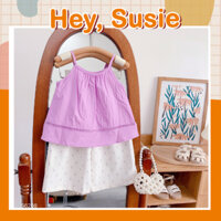 Hey Susie S6208- Set Bộ Đồ Chất Liệu Thô Mềm Áo 2 Dây Màu Tím Quần Hoa Nhí Kem Cho Bé Gái Từ 10-24kg