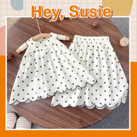 Hey Susie  S6676- Bộ Đồ Bé Gái Áo Yếm Kem Chấm Bi Chân Váy Dài Size 9-24kg