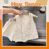 Hey Susie Set Bộ Đồ Áo Ren Màu Kem Phối Viền Bèo Cho Bé Gái Từ 8-21kg S5864