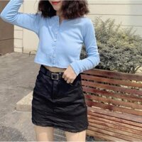 HFASHION Áo Cardigan Dáng Lửng Dài Tay Thun Xước Cúc Ngực 2 Màu Cực Xinh B034