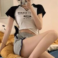 HFASHION Áo Croptop 1917 Cộc Tay Phối Màu Cổ V Chỉ Nổi B046