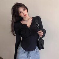 HFASHION Áo Thun Body Nữ Khuy Ngực Trơn Dáng Ôm Dài Tay Túi Trước 3 Màu G069