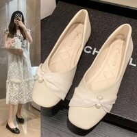 [HH] Giày đơn miệng nông mẫu mới mùa xuân nữ mũi vuông, chân đế bằng ngọc trai, chân váy, giày đậu đa năng