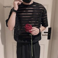 Hhl Nam Club Top Sọc Nhìn Xuyên Qua Lưới Chắp Vá Cổ Tròn Tay Ngắn Rời Mỏng Áo Chui Đầu Hip Hop Dạo Phố Áo nam