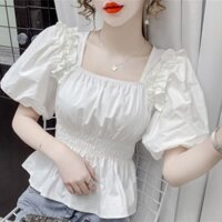 Hiện Đại Filipiniana Top Ren Áo Cánh Pháp Retro Cổ Vuông Ruffle Puff Tay Áo Áo Sơ Mi Của Phụ Nữ Đồng Bằng Cao Eo Ngắn Tay Áo Hàng Đầu