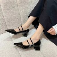 High -heeled female sandals high heels 7cm high -heeled women's sandals women's high heels Mũi Nhọn Dày Gót Bằng Sáng Chế Da Đen Da Thật Chính Hãng Dây Đeo Kim Cương Giả Mary Jane Giày Nữ Giữa Gót 2024 Xuân Thu Giày Cao Gót