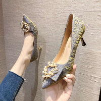 high heels 7cm high -heeled women's sandals High -heeled female sandals 7 -inch high heels Giày Cao Gót Xanh Nữ 2024 Phong Cách Mới Xuân Thu Giường Đầm Satin Cao Gót Mũi Nhọn Mèo Giày Cao Gót Nữ