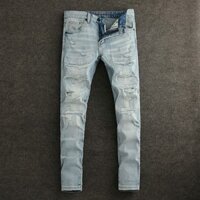 High quality retro men jeans slim fit elastic jeans patch design fashionable men jeans