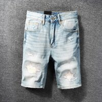 High street fashion men denim shorts light blue slim patch design retro style men denim shorts
