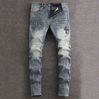 High street fashion men jeans retro blue slim fit printed patch design men casual jeans