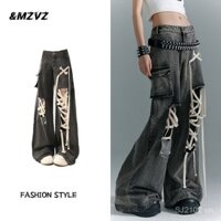 High Street Pocket Hot Girl Bandage Mop Pants Jeans American Wide Leg Design Slimming Work Clothes High Waist Loose Summer