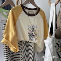 Hình Ảnh Chính Thức Mùa Hè Cực Lớn 150kg Mỡ MM Raglan Tay Khâu Màu Sắc Tương Phản Hoạt Hình Áo Thun Tay Ngắn Nữ Thế Hệ Vận Chuyển