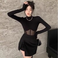 Hình Chụp Thật (Sau) - Set Áo Cổ Lọ Phối Lưới + CV Da Xẻ Tà (Có Lót Quần) Siêu Chất (Không Kèm Belt)