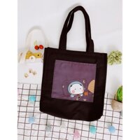 [Hình chụp thật] Túi Tote Túi Vải Leo Canvas Đen Đắp Gấu Ngủ