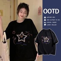 Hình in ngôi sao hồng 5 cánh áo thun nam nữ cotton mùa hè 2025 unisex ovesize tay ngắn cổ tròn #085