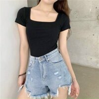 [HÌNH THẬT] Áo Thun Gân Cổ Vuông Tay Ngắn xinh 2 MÀU TRẮNG , ĐEN , NUDE , CAM VÀ VÀNG KV23321