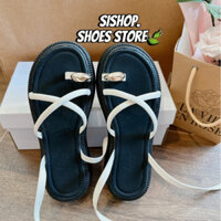 (HÌNH THẬT-Chân gầy lùi size)Sandal Nữ Kiểu Xỏ Ngón Đính Khuy Dây Chéo Si Sáp Đế Su 4PH Êm Chân