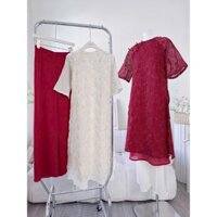 [Hình thật chụp sàn] Set áo dài ren cách tân form to rộng hoa hồng mix quần suông xinh xắn