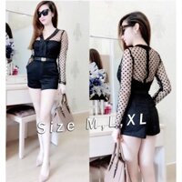 [Hình Thật - Hàng Thiết Kế] Jumpsuit tay dài chấm bi lưới kèm belt thiết kế cao cấp