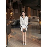 (HÌNH THẬT) - Set áo ren trắng tay dài phối quần nhung cao cấp