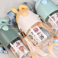 [Hình thật shop tự chụp] Bình Nước Nhựa Cute Bình Nước Cute Tai Thỏ Dễ Thương 600ml Có Nắp Đậy Kèm Dây Đeo Kèm Ống Hút C
