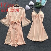 {hình thật} Váy ngủ 2 dây sexy pha ren - kèm áo choàng Mã VG01