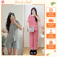 [HÌNH THẬT + VIDEO] Set pijama đũi caro túi gấu, bộ ngủ nữ mặc nhà cổ sen viền bèo