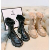 [HÌNH THẬT]Boot Cổ Lông Cao Cấp Gót Vuông 3p Khoá  Cạnh Lót Lông Cổ Siêu Xinh Fullbox
