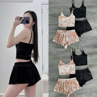 HIPU.VNXK - Set Bộ F21 Nhung Áo Hai Dây + Quần Short Lưng Thun Thoải Mái, 2 Màu.