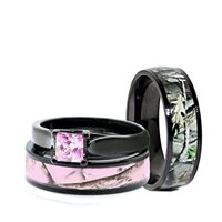 His & Hers Pink Women`s & Men`s Black Titanium Camo and Stainless Steel Princess Engagement Wedding Rings Set