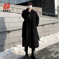 HK1 - Áo Khoác Dạ Măng Tô Nam Dáng Dài HAKY Phong Cách Hàn Quốc, Áo Mangto Dạ Ép Cao Cấp Không Khuy Có Dây Đai Lưng