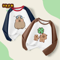 HKAM Áo Thun Bé Gái 100% Cotton Trẻ Em Raglan Áo Thun Dài Tay Thời Trang, Capybara In Unisex Đa Năng