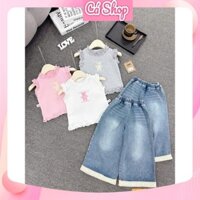HNB43, Set bộ bé gái, Set áo viền bèo sát nách kèm quần bò jean ống rộng cho bé gái