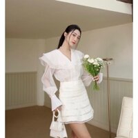 [HND Fashion] - Sét áo sơ mi cổ bèo kèm chân váy chất tơ voan sét đồ dạo phố xinh xắn