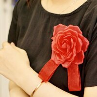 Hoa Cài Áo Nữ Đẹp - Trâm Cài Áo Voan Hoa Hồng Đính Nơ Màu Đỏ - Mã CA218