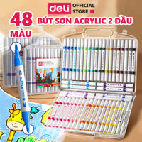 [HỌA CỤ DELI] Bút Sơn Acrylic Marker 2 Đầu - Kèm Hộp Nhựa - 12/24/36/48 Màu Đậm, Đều - Tô Màu Đi Nét DIY