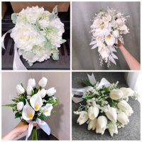 Hoa cưới cầm tay cô dâu bằng lụa tone trắng