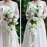 Hoa cưới cho cô dâu dáng thác đổ giọt nước từ hoa lụa trắng, xanh phối hoa hồng, cát tường