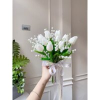 Hoa Cưới Cô Dâu Tặng Kèm Hoa Chú Rể - Bó Hoa Tulip Mix Kèm Hoa Linh Lan - Hoa Giả Hoa Lụa Cao Cấp Mơ Bơ