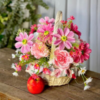 Hoa Giả, Giỏ Hoa Lụa Giả Mây Đan Trang Trí Nhà Cửa, Văn Phòng, Làm Đạo Cụ Chụp Ảnh- (Mẫu 1-Dáng Tròn Tông Hồng Cam)